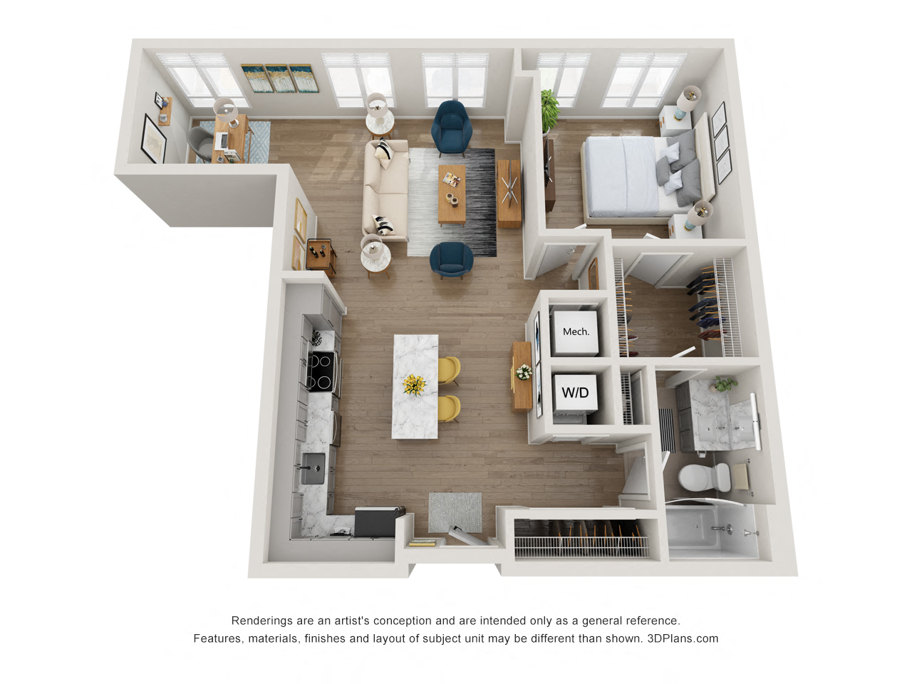 Floor plan for 1 bed, 1 bath, 760 sqft